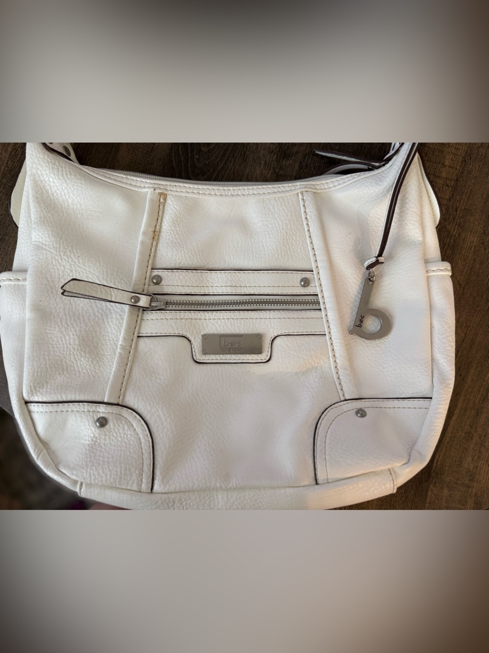 b.o.c. White Leather Shoulder Hobo with Front Zip Pocket